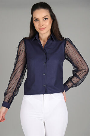 Sweetness Kadın Lacivert Tül Kollu Uzun Kol  Gömlek