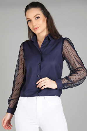 Sweetness Kadın Lacivert Tül Kollu Uzun Kol  Gömlek