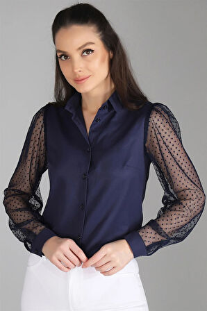Sweetness Kadın Lacivert Tül Kollu Uzun Kol  Gömlek