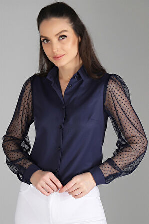 Sweetness Kadın Lacivert Tül Kollu Uzun Kol  Gömlek