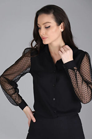 Sweetness Kadın Siyah Tül Kollu Uzun Kol  Gömlek