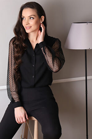 Sweetness Kadın Siyah Tül Kollu Uzun Kol  Gömlek