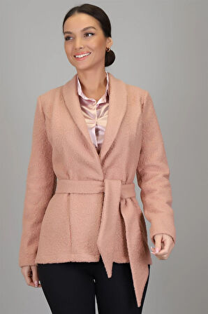 SWEETNESS Kadın Pudra  Buklet Kumaş Kemerli Astarsız Ceket