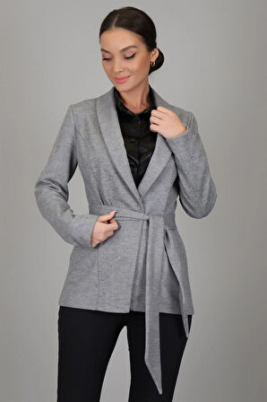 SWEETNESS Kadın Gri Diyagonal Desenli  Kemerli Astarsız Ceket 