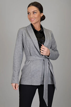SWEETNESS Kadın Gri Diyagonal Desenli  Kemerli Astarsız Ceket 
