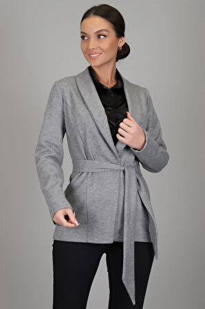 SWEETNESS Kadın Gri Diyagonal Desenli  Kemerli Astarsız Ceket 