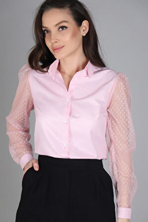 Sweetness Kadın Pudra Pembe Tül Kollu Uzun Kol  Gömlek