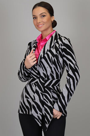 SWEETNESS Kadın Siyah Gri Zebra Desenli Kemerli Astarsız Ceket 