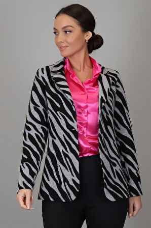 SWEETNESS Kadın Siyah Gri Zebra Desenli Astarsız Tek Düğme Ceket