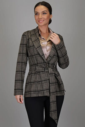 Sweetness Kadın Bej Siyah Kemer Detaylı Ekose Ceket