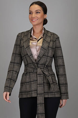 Sweetness Kadın Bej Siyah Kemer Detaylı Ekose Ceket