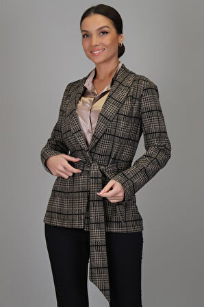 Sweetness Kadın Bej Siyah Kemer Detaylı Ekose Ceket