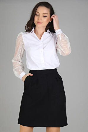 Sweetness Kadın Beyaz Tül Kollu Uzun Kol  Gömlek