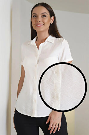 SWEETNESS Kadın Kırık Beyaz Kısa Kol Krinkıl Kumaş Klasik Gömlek 