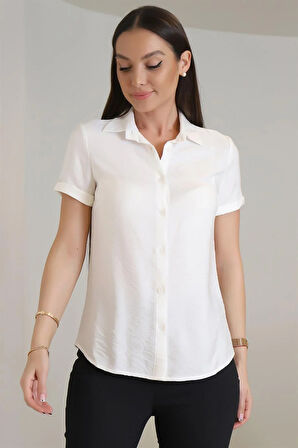 SWEETNESS Kadın Kırık Beyaz Kısa Kol Krinkıl Kumaş Klasik Gömlek 