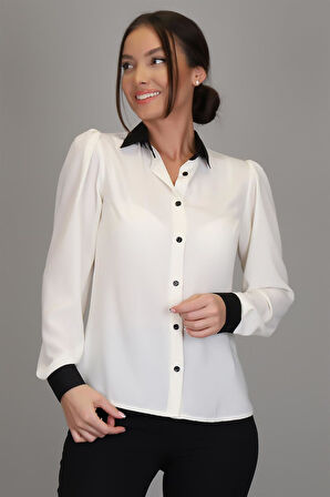 SWEETNESS Kadın Ekru İpek Kumaş Saten Yakalı Uzun Kol Gömlek