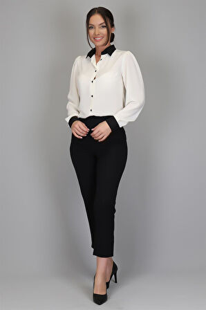 SWEETNESS Kadın Ekru İpek Kumaş Saten Yakalı Uzun Kol Gömlek