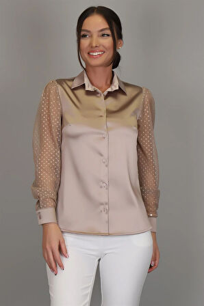 SWEETNESS Kadın Koyu Bej Saten Tül Kollu Abiye Gömlek 