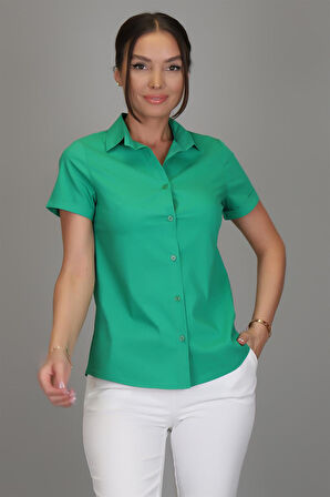 SWEETNESS Kadın Koyu Yeşil Likralı Kısa Kol Pamuklu Klasik Gömlek 