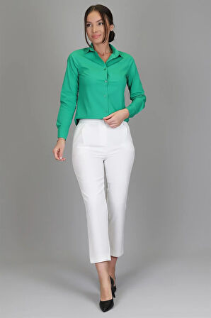 Sweetness Kadın Koyu Yeşil Likralı Uzun Kol Pamuklu Klasik Gömlek