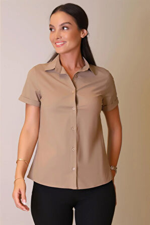 SWEETNESS Kadın  Bej Likralı Kısa Kol Pamuklu Klasik Gömlek 