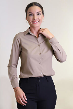Sweetness Kadın  Bej Likralı Uzun Kol Pamuklu Klasik Gömlek