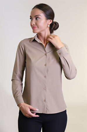 Sweetness Kadın  Bej Likralı Uzun Kol Pamuklu Klasik Gömlek