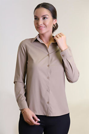 Sweetness Kadın  Bej Likralı Uzun Kol Pamuklu Klasik Gömlek