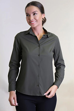 Sweetness Kadın Haki Yeşil Likralı Uzun Kol Pamuklu Klasik Gömlek