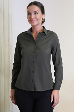 Sweetness Kadın Haki Yeşil Likralı Uzun Kol Pamuklu Klasik Gömlek