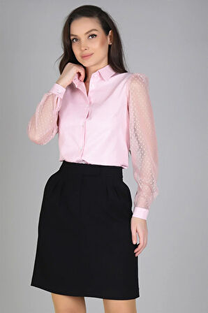 Sweetness Kadın Pudra Pembe Tül Kollu Uzun Kol  Gömlek