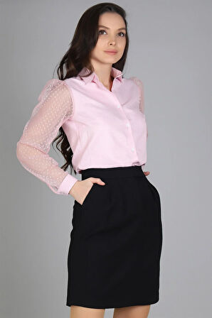 Sweetness Kadın Pudra Pembe Tül Kollu Uzun Kol  Gömlek