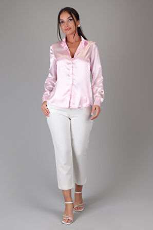 SWEETNESS Kadın Pembe Saten Uzun Kol Abiye Gömlek 
