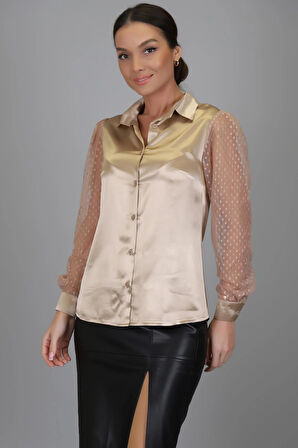 SWEETNESS Kadın Bej Saten Tül Kollu Abiye Gömlek 