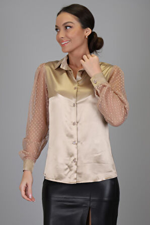 SWEETNESS Kadın Bej Saten Tül Kollu Abiye Gömlek 