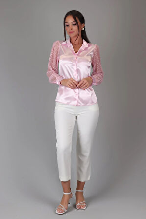 SWEETNESS Kadın Pembe Saten Tül Kollu Abiye Gömlek 