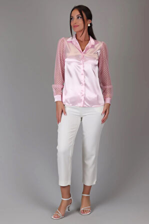 SWEETNESS Kadın Pembe Saten Tül Kollu Abiye Gömlek 