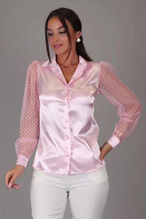 SWEETNESS Kadın Pembe Saten Tül Kollu Abiye Gömlek 