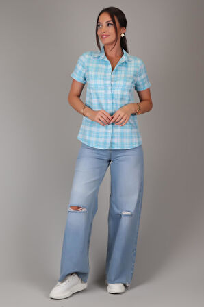 SWEETNESS Kadın Mavi Kareli Kısa Kollu Pamuklu Gömlek DK-1190