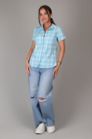 SWEETNESS Kadın Mavi Kareli Kısa Kollu Pamuklu Gömlek DK-1190