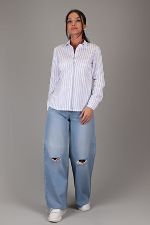 SWEETNESS Kadın Mavi Çizgili Uzun Kollu Likralı Pamuklu Klasik Gömlek DK001-1