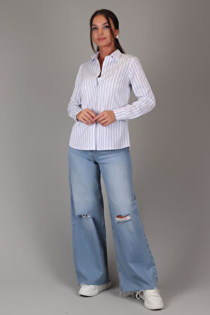 SWEETNESS Kadın Mavi Çizgili Uzun Kollu Likralı Pamuklu Klasik Gömlek DK001-1