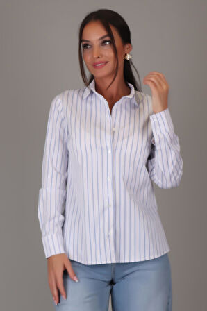 SWEETNESS Kadın Mavi Çizgili Uzun Kollu Likralı Pamuklu Klasik Gömlek DK001-1