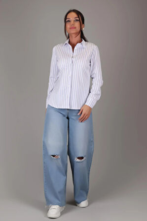 SWEETNESS Kadın Mavi Çizgili Uzun Kollu Likralı Pamuklu Klasik Gömlek DK001-1