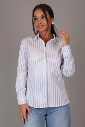 SWEETNESS Kadın Mavi Çizgili Uzun Kollu Likralı Pamuklu Klasik Gömlek DK001-1
