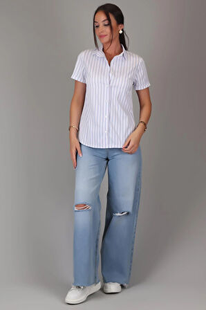 SWEETNESS Kadın Mavi Çizgili Kısa Kollu Likralı Pamuklu Klasik Gömlek DK001-1