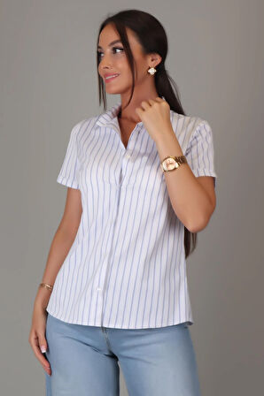 SWEETNESS Kadın Mavi Çizgili Kısa Kollu Likralı Pamuklu Klasik Gömlek DK001-1