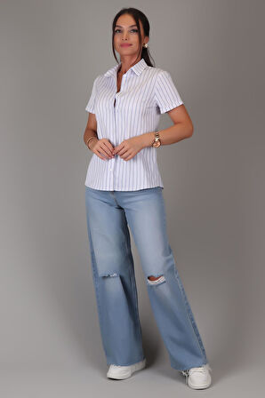 SWEETNESS Kadın Mavi Çizgili Kısa Kollu Likralı Pamuklu Klasik Gömlek DK001-1