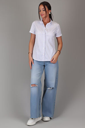 SWEETNESS Kadın Mavi Çizgili Kısa Kollu Likralı Pamuklu Klasik Gömlek DK001-1