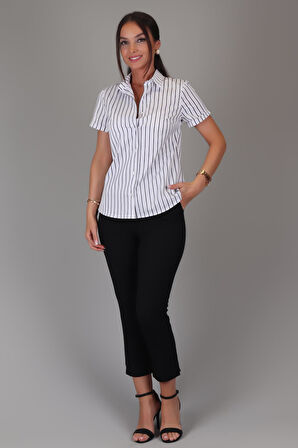 SWEETNESS Kadın Siyah Çizgili Kısa Kollu Likralı Pamuklu Klasik Gömlek DK001-3